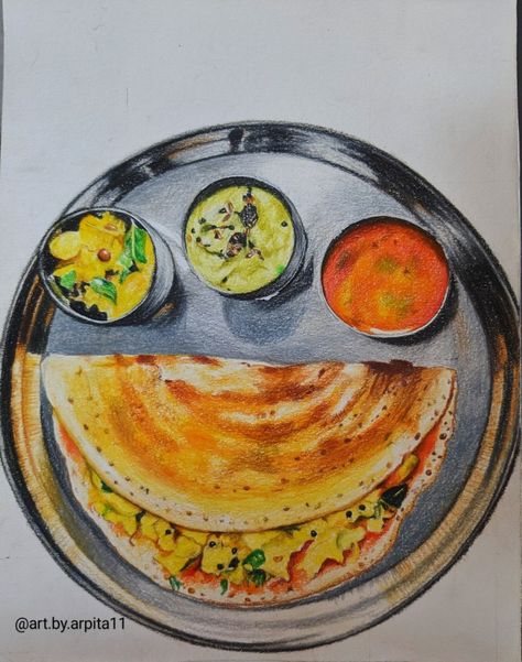 Colour pencils work Dosa Painting, Masala Dosa, Food Art Painting, Idli Dosa, Pencil Work, Buddha Art Painting, Colour Pencil, Madhubani Art, Food Illustration