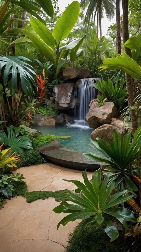 Dive into the Tropics with These 13 Unique Landscape Design Ideas 38 Tropical Landscape Ideas, Yard Entrance, Balinese Garden, Tropical Landscape Design, Small Front Gardens, Landscape Design Ideas, Landscape Rock, Tropical Landscape, Leafy Plants