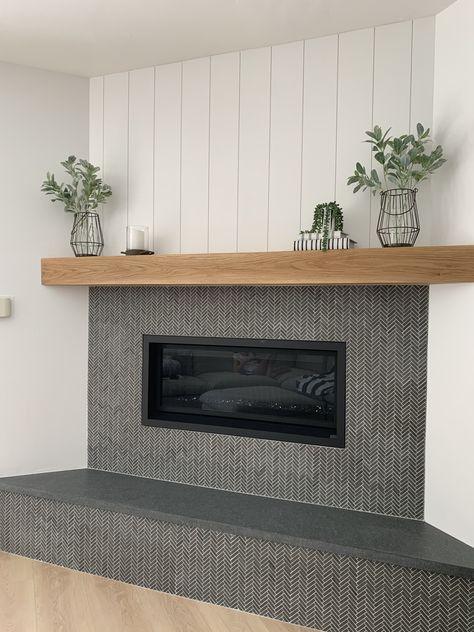 Fireplace Bottom Ledge Tile, Tile Around Pellet Stove, Tile Fireplace With Wood Mantle Modern, Fireplace With Tile And Shiplap, Tile Fireplace With Hearth, Corner Fireplace Tile Ideas, Fireplace Tile Surround Modern, Herringbone Shiplap Fireplace, Tile And Shiplap Fireplace