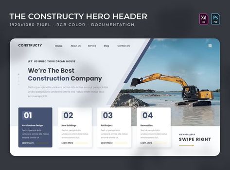 Construction Hero Header Template PSD, XD Hero Section Web Design, Hero Banner, Header Template, Hero Section, Header Design, Construction Management, Website Inspiration, Construction Company, Get It Now