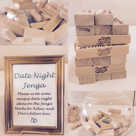 Bridal Shower Date Night Jenga! Have guests write date night ideas on a Jenga blocks for the bride and groom to play and use later! #bridalshower -krissynikole Date Night Ideas For Bridal Shower Game, Jenga Bridal Shower Idea, Jenga Date Night Ideas, Game Night Bridal Shower Theme, Date Jar Bridal Shower Ideas, Date Night Jenga, Bridal Shower Date Night Ideas, Bridal Shower Guest Sign In Ideas, Date Night Bridal Shower Ideas