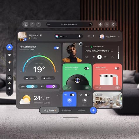 Creative App Design, Home Dashboard, Smart Home Dashboard, Music App Design, App Design Layout, Data Dashboard, Desktop Design, Widget Design, Smart Home Design