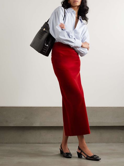 Net A Porter Outfits, Velvet Skirt Outfit, Fashion Samples, Blaze Milano, Red Midi Skirt, Velvet Midi Skirt, Sequin Midi Skirt, Work Chic, Velvet Skirt