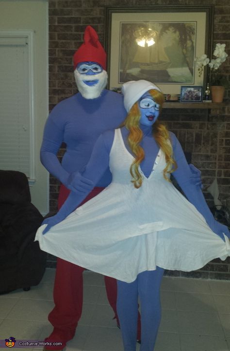 Papa Smurf and Smurfette Costume Smurfette Costumes, Smurf Costume, Papa Smurf, Blue Man Group, Homemade Costume, Costume Works, Homemade Costumes, Costume Contest, Couples Costumes