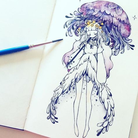 Jellyfish Umbrella, Watercolor Unique, Color Anime, Jellyfish Drawing, Abc Book, Wow Art, Hair Reference, Girl Drawing, Pretty Art