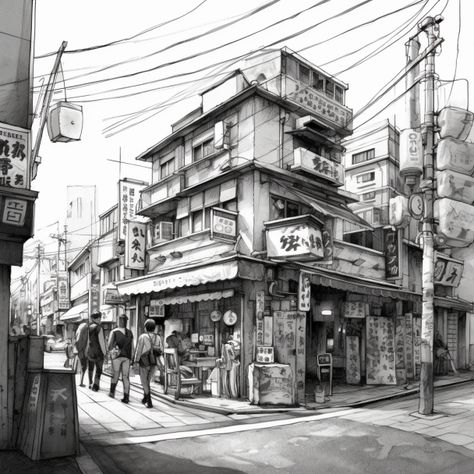 2 Pt Perspective Drawing, 2 Point Perspective Reference, One Point Perspective Drawing Street, Japanese Street Drawing, Two Point Perspective Drawing Buildings, Manga Background Reference, 2 Point Perspective Drawing Cities, City Street Drawing, Architectural Portrait