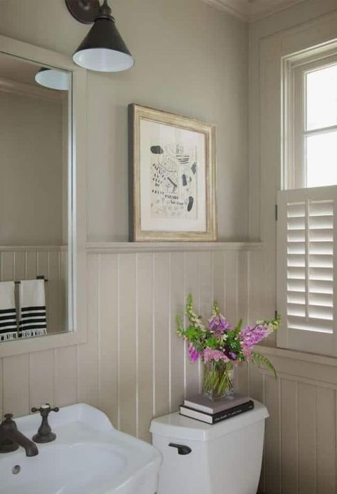 Calming Grey Bathroom Bathroom Wainscoting, Painted Wainscoting, Wainscoting Bedroom, Beadboard Bathroom, Bead Board Walls, Wainscoting Bathroom, Dining Room Wainscoting, Wainscoting Styles, Storybook Cottage