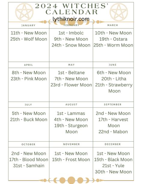 2024 Witches' Calendar - Free Download Witches Calendar 2024, Witch Calendar 2024, Solstice Calendar, Witches Calendar, Calander Printable, Witch Calendar, Frost Moon, Sturgeon Moon, Moon Date