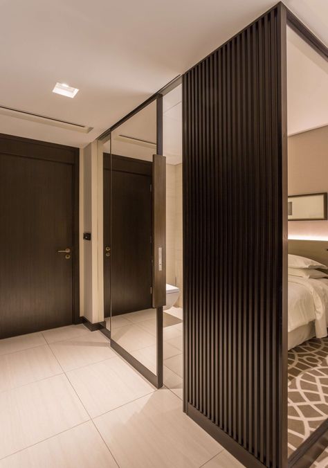 Mirror Door Sliding, Mirrored Sliding Doors, Mirror Slide Door, Sliding Door With Mirror, Partition Design Modern, Bangkok House, Mirror Panel Wall, Door Partition, Wood Sliding Door