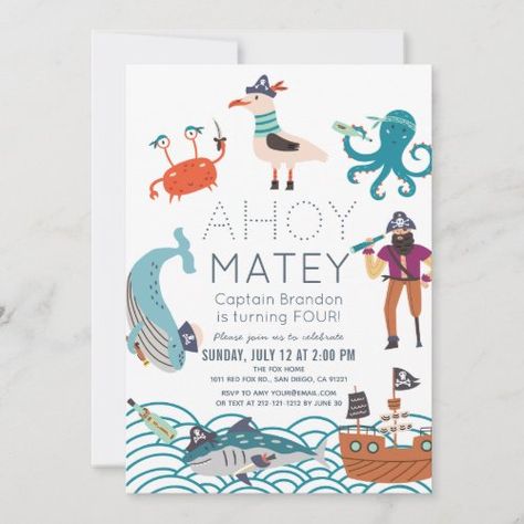 Ahoy Matey Pirate Sea Animal Birthday for $2.82 - Birthday Invitations Sea Animal Birthday, Pirate Themed Birthday Party, Pirate Themed Birthday, Animal Birthday Invitation, Ahoy Matey, Pirate Birthday Party, 1st Birthday Invitation, Pirate Birthday, Sea Animal