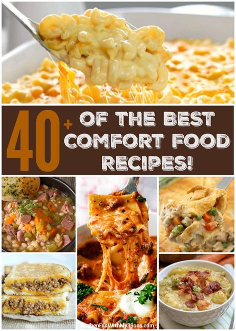 Over 40 of the BEST Comfort Food Recipes - everything from Macaroni and Cheese, Chicken Pot Pie, Soups and more! Classic dinners that your family will love! Best Comfort Food Recipes, Macaroni And Cheese Casserole, Taco Lasagna, Broccoli Cheese Soup Recipes, Ham And Bean Soup, Kitchen Fun, Comfort Food Recipes, Best Comfort Food, Incredible Recipes