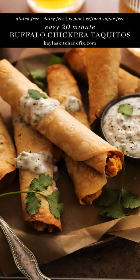 These 4 ingredient Vegan & Gluten Free Buffalo Chickpea Taquitos are delicious, healthy and take just 20 minutes to make from start to finish. Vegan Chickpea Taquitos, Buffalo Chickpea Taquitos, Vegan Buffalo Recipes, Buffalo Taquitos, Chickpea Taquitos, Buffalo Chickpea, Buffalo Recipe, Refined Sugar Free Recipes, Gluten Free Tortillas