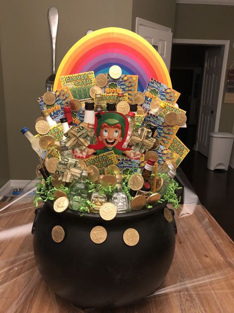 Pot Of Gold Lottery Ticket Basket, Fund Raiser Basket Ideas, Auction Baskets Ideas, Bingo Basket, Raffle Gift Basket Ideas, 21st Birthday Basket, Lottery Ticket Gift, Basket Raffle, Auction Gift Basket Ideas