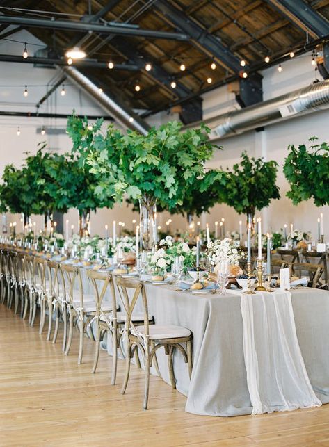 Unique Wedding Centerpieces Your Guests Will Never Forget Tree Wedding Centerpieces, Unique Wedding Centerpieces, Modern Wedding Reception, Greenery Centerpiece, Tall Wedding Centerpieces, Wedding Floral Centerpieces, Urban Wedding, Long Table, Tree Wedding