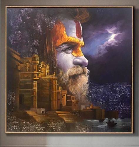 Mk Goyal Painting, Ghat Painting, Sadhu Baba, Hindu Cosmology, Magic Painting, Creative Composition, Kali Puja, Cricket Poster, Canvas Art Painting Acrylic