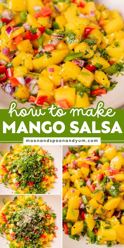 Your party food ideas must have this easy mango salsa! It's gluten-free, dairy-free, vegan, nut-free, and soy-free with no sugar added. Packed with fresh mangoes plus a touch of spice, this homemade fruit salsa is an amazing 4th of July appetizer recipe! Mexican Mango Salsa Recipe, Mango Salsa Dip, Grouper With Mango Salsa, Mango Salsa With Frozen Mango, How To Make Mango Salsa, Mango Pineapple Salsa Recipe, Mango Lime Salsa, Canned Mango Salsa Recipe, Salsa Recipe Mango