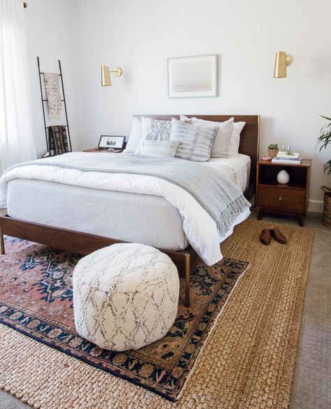 Layered Love | How to Style Rugs on Carpet — Scout & Nimble West Elm Bed, West Elm Bedroom, Eclectic Design Style, Shipping Furniture, Rug Over Carpet, Parachute Home, Stylish Bedroom Design, Eclectic Bedroom, Neutral Bedroom