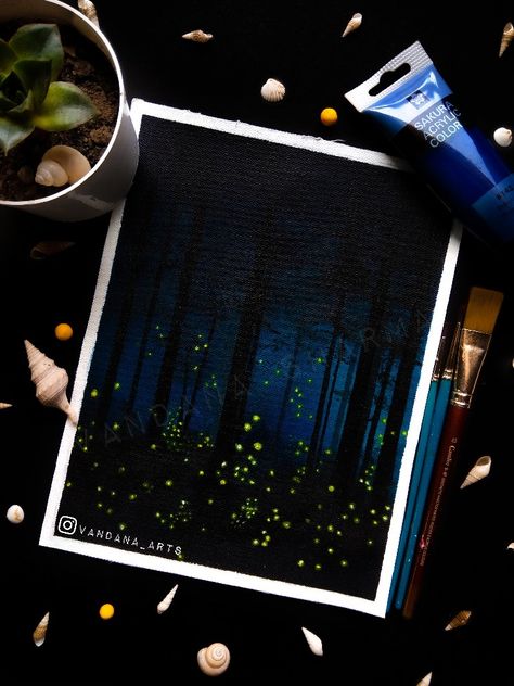 Did touch acrylics after so long, and here is a simple painting for you all. It's such a magical view when fireflies light up the dark forest. Never did witness this magic happen but I can always imagine it as I am a girl who loves fireflies alot, and who believes in fairytales, angles, magic and everything unreal. I am sure I am not the only one here who loves fireflies. Who else love them? Firefly Painting Acrylic, Fireflies Acrylic Painting, Easy Firefly Painting, Magical Forest Acrylic Painting, Firefly Painting Ideas, Magical Acrylic Painting, Painting Fireflies, Fireflies Painting, Dark Acrylic Painting