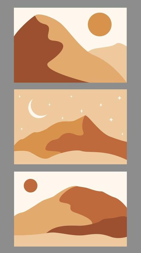 Modern abstract minimalist landscape posters. Desert, sun and moon. Day and night scene. Pastel colors, earth tones. Boho mid-century prints. Flat design. Stock vector illustration Moon Day, Landscape Posters, Illustration Advertisement, Boho Mid Century, Desert Sun, Minimalist Landscape, Abstract Minimalist, Landscape Poster, Night Scene