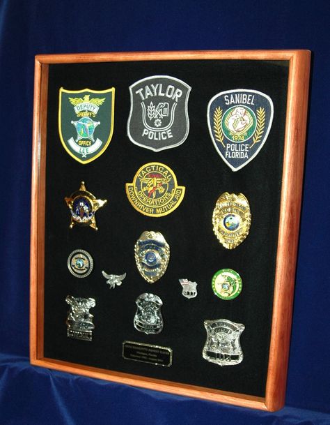 A custom, made-to-order shadow box is a great gift for a retiring police officer. Even if it doesn't have this much stuff, it can represent the pride and accomplishment of making it safely to retirement. Made by ShadowBoxUSA.com Gift For Police Officer, Shadow Box Ideas, Personalized Shadow Box, Correctional Officer, Police Officers, Retirement Gift, The Pride, Box Ideas, Shadow Boxes