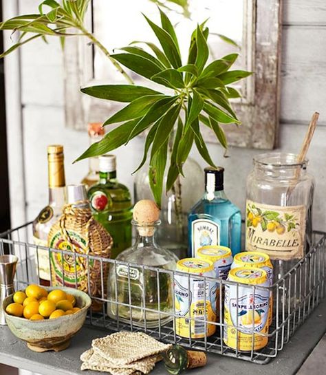 bar-tray-thrifty-california-cabin-0512-xln Small Cabin Decorating Ideas, Bar Cart Inspiration, Bar Deco, Bandeja Bar, Gold Bar Cart, Bar In Casa, Bar Cart Styling, Bar Tray, Cart Decor