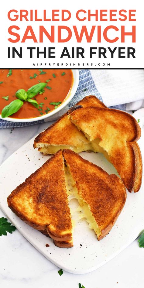 Air fryer grilled cheese sandwiches are so easy, you might find yourself wanting to eat them every day! Ready in less than 10 minutes! Grill Cheese Sandwich In Air Fryer, Airfryer Grilled Cheese, Grilled Cheese Sandwich In Air Fryer, Air Fry Grilled Cheese Sandwich, Grilled Cheese Air Fryer, Air Fryer Grilled Cheese Sandwich, Air Fryer Grilled Cheese, Weeknight Dinner Pasta, Quick Dinner Options