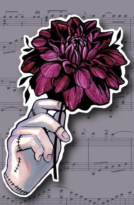 Black Dahlia Flower Painting, Black Dahlia Drawing, Black Dahlia Flower Wallpaper, Addams Family Art, Black Dahlia Tattoo, Addams Family Hand, Addams Family Tattoo, Dahlia Tattoo, Hand Sticker