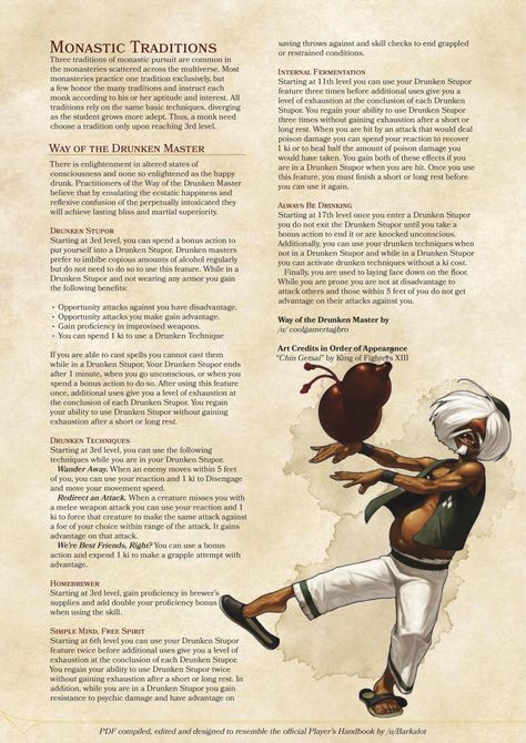 DnD 5e Homebrew Dnd Monk Drunken Master, Dnd Drunken Master, Drunken Master Monk, Dungeons And Dragons Diy, Dnd Monk, Monk Dnd, Drunken Master, D D Classes, Dnd Races