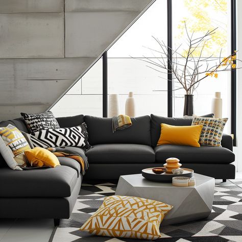 Incorporate_Large-Scale_Graphic_Gray_Sectional_Sofas 3 Dark Gray Couches, Gray Couch Ideas, Dark Gray Couch Living Room, Gray Couch Living Room Ideas, Gray Couch Living Room, Dark Gray Couch, Gray Couches, Charcoal Sectional, Dark Grey Couch Living Room