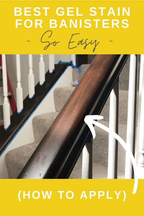 This is hands down the best get stain to use while rennovating your staircase! This is how to apply gel stain on your banister! Diy Stain Stair Railing, How To Stain Stair Railing, Stain Handrail Stair Railing, Gel Stain Banister Stairs, Restaining Wood Banister, Staining Banisters Railings, Gel Stain Stair Rail, Staining Handrail Stair Railing, Painted Stair Spindles Banisters