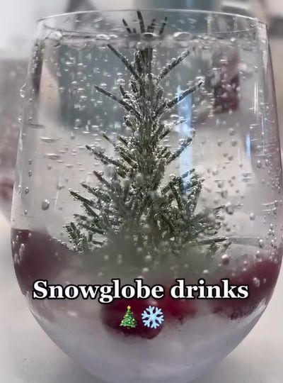 Snowglobe Drink Rosemary, Snowglobe Drink, Snow Globe Cocktail, Xmas Nibbles, Holidays Drinks, Christmas Themed Drinks, Frozen Christmas Tree, Xmas Cocktails, Cocktail Decor