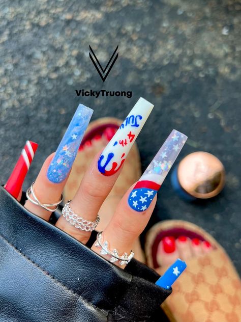 Blue Nails 2023, Nails Red White Blue, Pandora Nails, Fourth Of July Nails, Rocky Point, 4th Of July Nails, Nails Design With Rhinestones, Seasonal Nails, Colby Brock