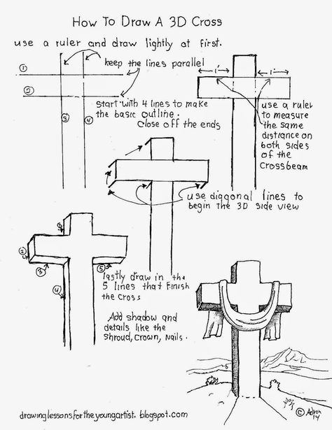 See more at my blog: http://drawinglessonsfortheyoungartist.blogspot.com/ Cross Drawing Step By Step, Easy Christian Drawings Art Journaling, 3d Cross Drawing, How To Draw A Cross, Cross Art Drawing, Drawing Ideas Christian, Cross Drawing Christian, Easy Christian Drawings, Drawing Of A Cross