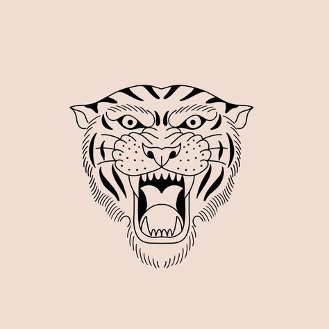 Old School Tiger Head Tattoo, Flash Tiger Tattoo, Tiny Tattoos Stencil, Lion Tattoo Roaring, Old School Tiger Tattoo Design, Line Work Tiger Tattoo, Tiger Flash Tattoo, Old School Tattoo Tiger, Traditional Tiger Head Tattoo