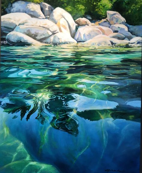 Michelle Courier, Sand Harbor Lake Tahoe, Water Paintings, Ocean Waves Painting, Hyper Realistic Paintings, Landscape Painting Tutorial, River Painting, About Water, Landscape Art Painting