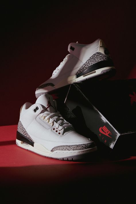 Air Jordan 3 Wallpaper, Cap Ads, White Dynamic Jordan Shoes For Streetwear, Jordan 1 Off White Wallpaper, Drip Shoes, Jordan 3 Cement, Air Jordan 3 White Cement, Ig Store, Jordan 3 Reimagined