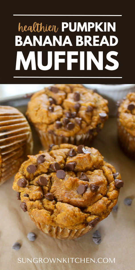 Pumpkin Banana Bread Muffins Banana Pumpkin Muffins Healthy, Banana Pumpkin Recipes, Pumpkin Banana Bread Muffins, Banana Bread Pumpkin, Healthy Pumpkin Banana Bread, Big Muffins, Banana Pumpkin Muffins, Banana Zucchini Muffins, Pumpkin Banana Muffins