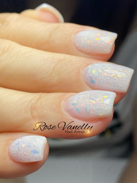 Dip Nails Pastel, Bridesmaids Nail Ideas Short, Opal Short Nails, Short Opal Acrylic Nails, Fun Bridal Nails Short, Overlay Nails Colors, Dip Powder Nails White Glitter, Sparkly Short Square Nails, Gel Nails Ideas Short Birthday