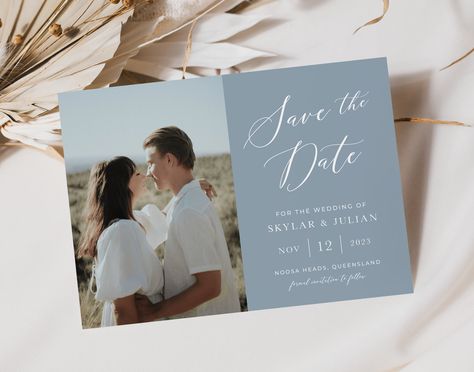 Save The Date Ideas Templates, Dusty Blue Coastal Wedding, Wedding Invitation Cards Dusty Blue, Dusty Blue Save The Dates, Beachy Save The Date Ideas, Save The Date Ideas Dusty Blue, Save The Date Ideas Blue, Coastal Wedding Theme, Save The Date Blue