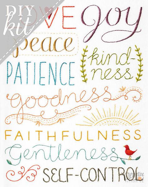 Featuring the fruit of the Spirit from Galatians 5:22-23, this delightful embroidery sampler features hand lettering in various stitches and Galatians 5 22 23, Fruits Of The Spirit, The Fruit Of The Spirit, Embroidery Sampler, Home Decor Wedding, Cadeau Diy, Diy Cross Stitch, Fruit Of The Spirit, Embroidery Kit