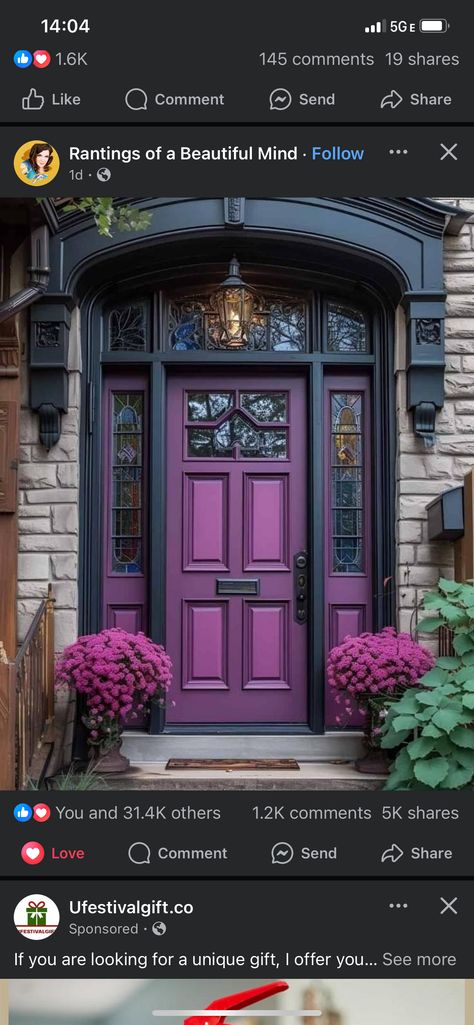 Blue And Purple House Exterior, Dark Purple House Exterior, Purple House Exterior, Green House Exterior, Victorian Porch, Purple House, Purple Door, Porch Doors, Purple Home