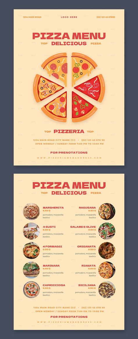 Pizza Menu Template PSD, AI Pizza Menu Design Ideas, Pizza Menu Board, Pizza Menu Design, Pizza Flyer, Menu Pizza, Menu Layout, Pizza Menu, Delivery Menu, Pizza Margherita