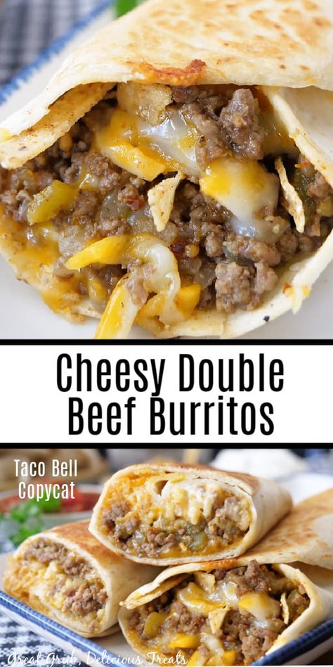 Cheesy Double Beef Burritos are loaded with zesty seasoned ground beef, shredded cheese, rice, nacho cheese and more, and are inspired from Taco Bell’s delicious burrito. Beef And Rice Burrito Recipe, Taco Bell Recipe, Ground Beef Burritos, Ground Beef Nachos, Burritos Beef, Beef Burrito Recipe, Beef Burritos, Ground Beef Quesadillas, Taco Bell Copycat