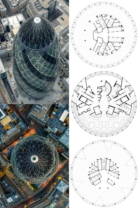 Generated by a circular plan, with a radial geometry, the building widens in profile as it rises and tapers towards its apex. This distinctive form responds to the constraints of the site: the building appears more slender than a rectangular block of equivalent size and the slimming of its profile towards the base maximises the public realm at street level. Environmentally, its profile reduces wind deflections compared with a rectilinear tower of similar size, helping to maintain a Circular Plan, Grid Architecture, Church Design Architecture, School Concept, Circular Buildings, Round Building, Foster Partners, Norman Foster, Public Realm