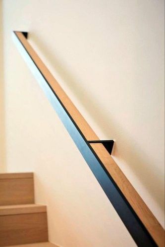 Interior Handrails, Custom Stairs, Wall Mounted Handrail, Metal Stair Railing, Stairs Wall, Staircase Interior Design, Modern Railing, Wood Handrail, Custom Railing