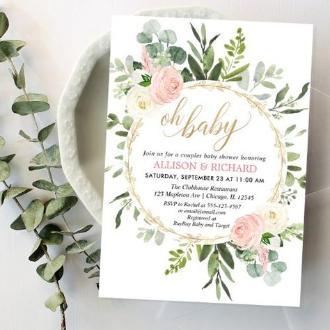 $2.00 | Greenery pink gold elegant couples baby shower #foliage, eucalyptus, green leaves, girl baby shower, pink gold, summer spring, green pink floral watercolor, modern greenery, oh baby, couples co-ed baby shower Green Baby Shower Invitations, Pink Gold Baby Shower, Pink Floral Watercolor, Couples Baby Shower Invitations, Couples Baby Showers, Baby In Bloom, Green Baby Shower, Coed Baby Shower