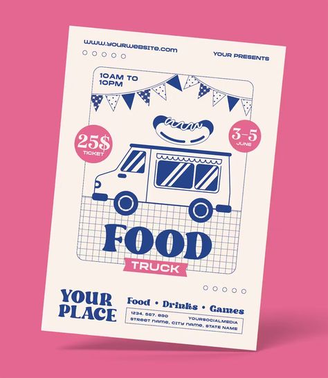 Food Truck Social Media Marketing, Food Truck Graphic Design, Food Pop Up, Food Truck Poster, Food Truck Designs, Food Truck Flyer, Food Truck Aesthetic, Food Truck Illustration, Juice Truck