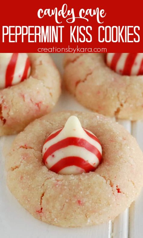 Candy Cane Peppermint Kiss Cookies - a shortbread cookie with crushed candy canes, topped with a peppermint kiss. These tasty Christmas cookies will just melt in your mouth! #peppermintcookies #candycanekisscookies #kisscookies #christmascookies @Creations by Kara Candy Cane Blossoms Recipe, Christmas Cookies Peppermint Kiss, Easy Christmas Cookies Peppermint, Peppermint Kiss Cookies Recipe, Candy Cane Kiss Cookies Recipe, Candy Cane Kisses Recipes, Candy Cane Snacks, Peppermint Blossom Cookies, Peppermint Kisses Cookies