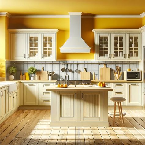 cream kitchen cabinets with yellow walls Light Yellow Kitchen Cabinets, Light Yellow Kitchen, Kitchen With Cream Cabinets, Plum Walls, Yellow Kitchen Cabinets, Cream Kitchen Cabinets, Ivory Kitchen, Lavender Walls, Mustard Yellow Walls