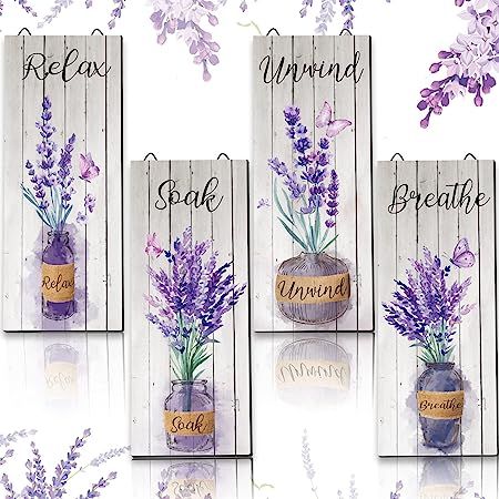 Lavender Bathroom Decor, Purple Bathroom Accessories, Lavender Bathroom, Purple Bathroom Decor, Botanical Bathroom, Purple Wall Decor, Relax Soak Unwind, Bathroom Wall Decor Art, Home Wooden Signs